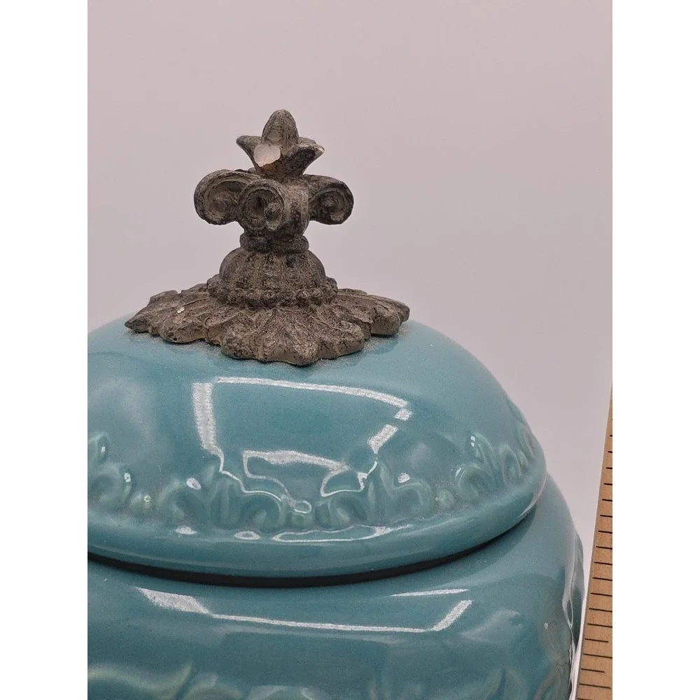 Drake Design Tuscan Scroll Fleur De Lis Turquois Square Canister‎ No Base 9 1/2